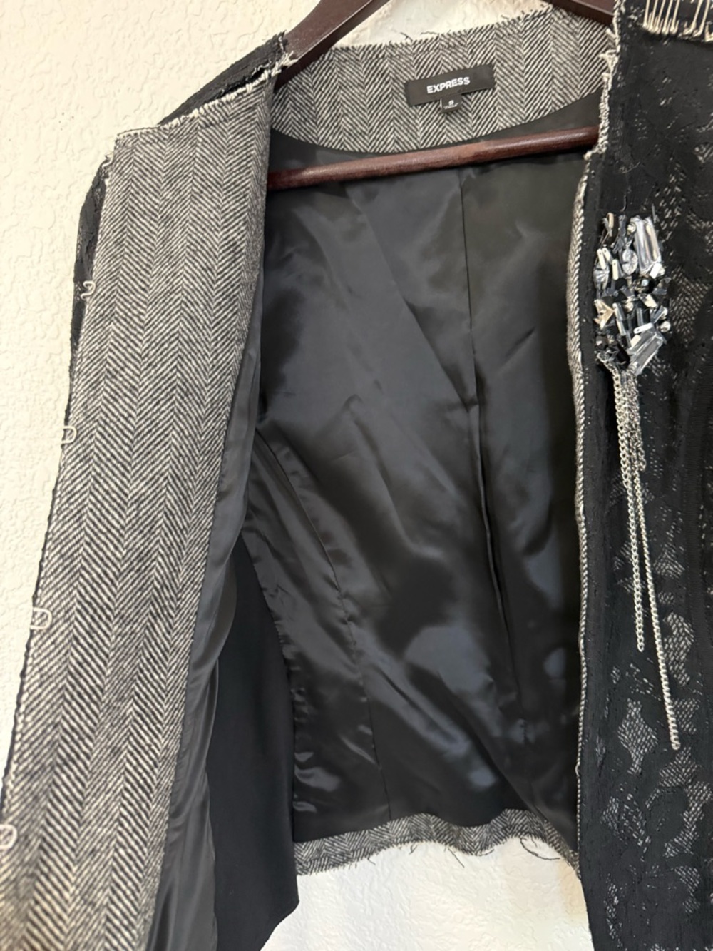 Express Lace Embellished Cropped Jacket | Black Evening Industrial | Size Small - Picture 11 of 16